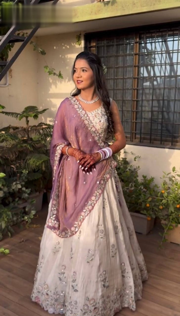 Elegant Off-White Lehenga With Floral Embroidery Work Along With Lavender Dupatta
