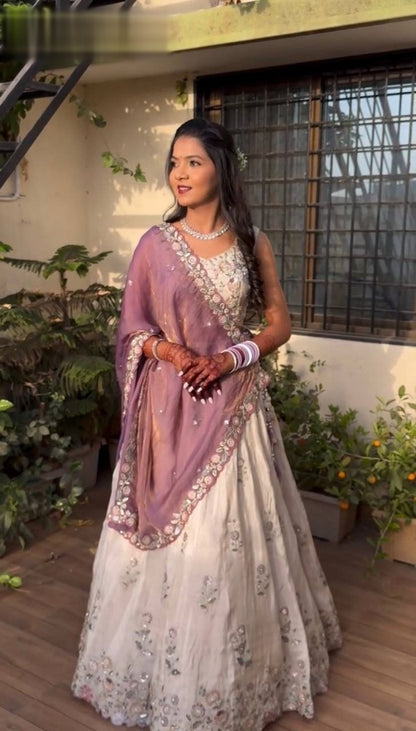 Elegant Off-White Lehenga With Floral Embroidery Work Along With Lavender Dupatta