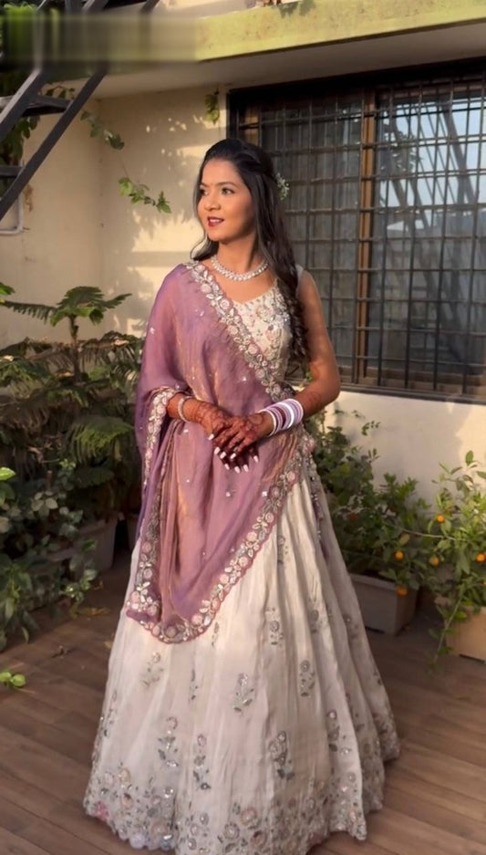 Elegant Off-White Lehenga With Floral Embroidery Work Along With Lavender Dupatta