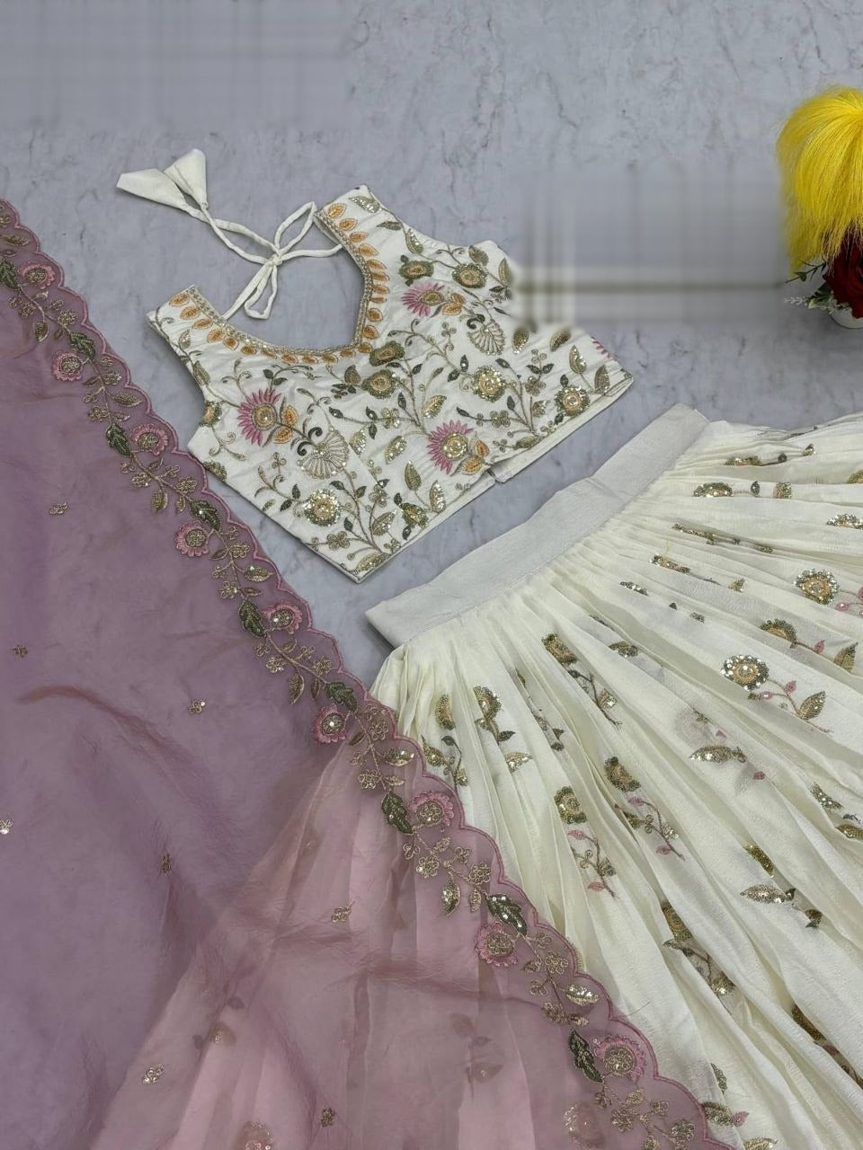 Elegant Off-White Lehenga With Floral Embroidery Work Along With Lavender Dupatta