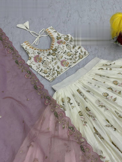 Elegant Off-White Lehenga With Floral Embroidery Work Along With Lavender Dupatta