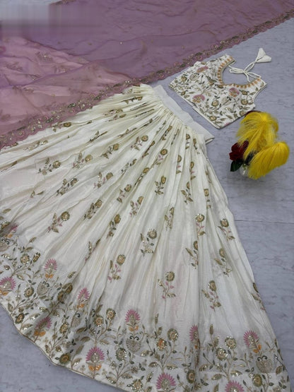 Elegant Off-White Lehenga With Floral Embroidery Work Along With Lavender Dupatta
