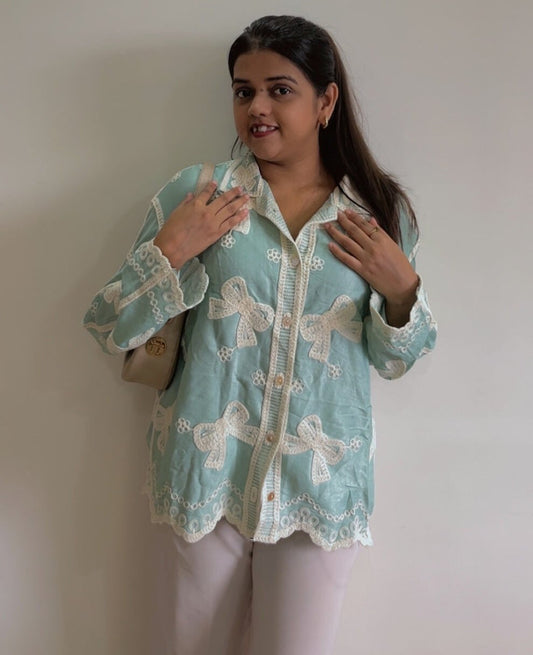 Sky Blue Embroidered Cotton Shirt With Bell Sleeves