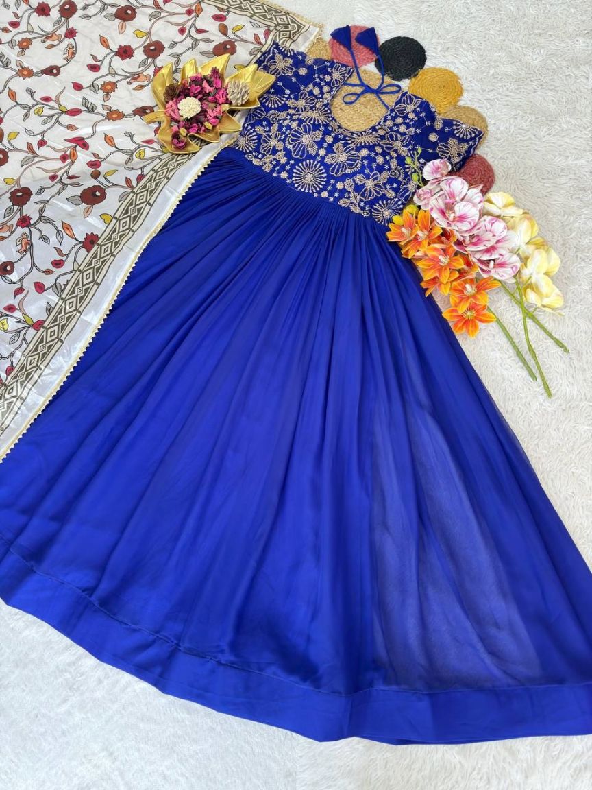 Soft Georgette Silk Embroidery Gown With Printed Lace Work On Dupatta