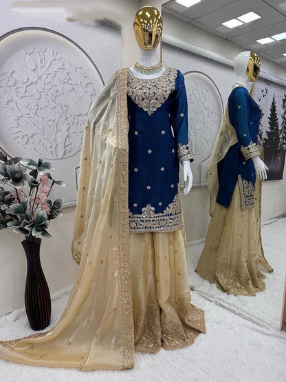 Premium Fendy Satin Party Wear Suit Set With Sharara Dupatta Stunning Embroidery