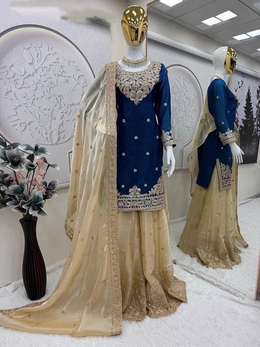 Premium Fendy Satin Party Wear Suit Set With Sharara Dupatta Stunning Embroidery