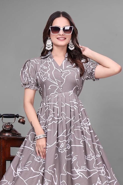 Classy Long Gown With Puffy Sleeves &amp; Printed Work
