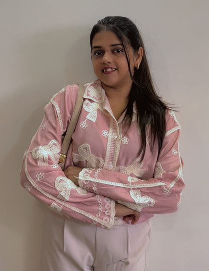 Trendy Pink Embroidered Cotton Shirt With Bell Sleeves