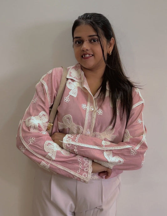 Trendy Pink Embroidered Cotton Shirt With Bell Sleeves