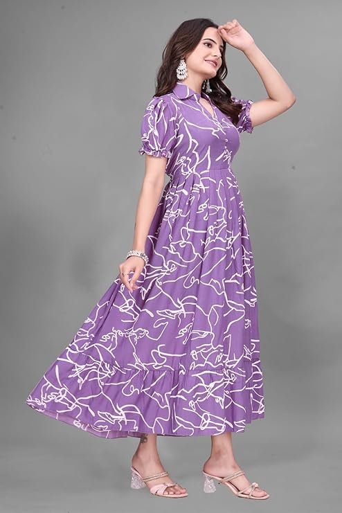 Purple Rayon Long Gown With Puffy Sleeves &amp; Printed Work