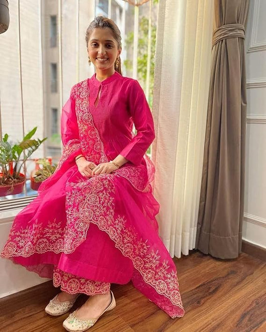 Gorgeous Pink Cotton Silk Kurti Suit Set With Organza Dupatta