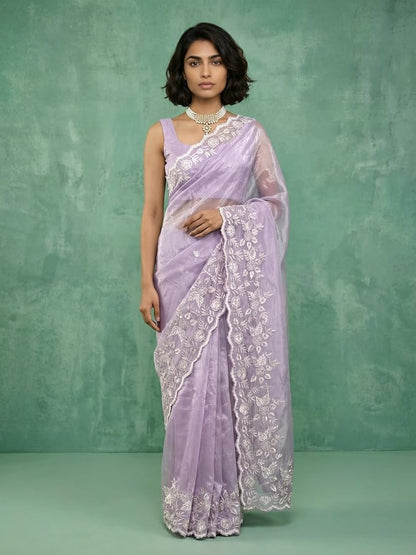 Pure Chanda Silk Saree With Flower Embroidery Work