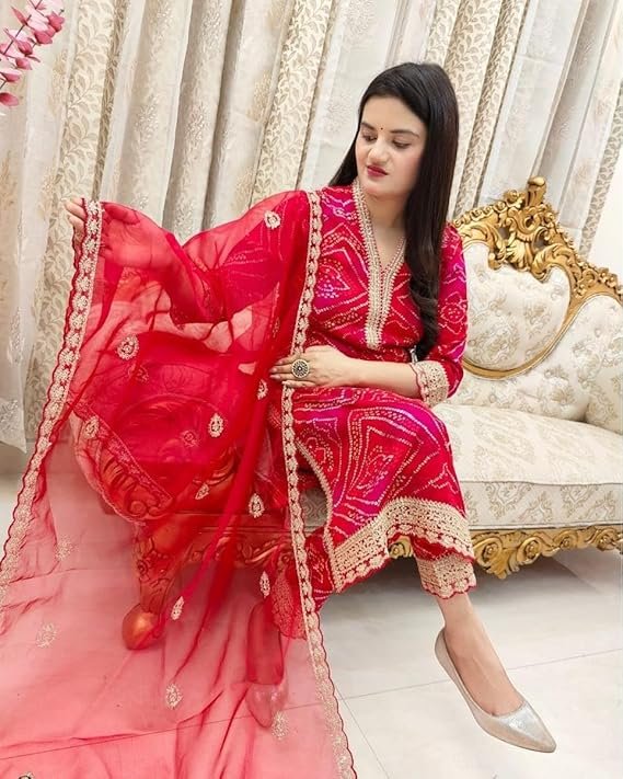 Classy Red Bandhani Cotton Suit Set With Embroidery Work
