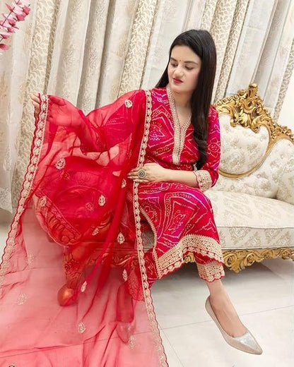 Classy Red Bandhani Cotton Suit Set With Embroidery Work