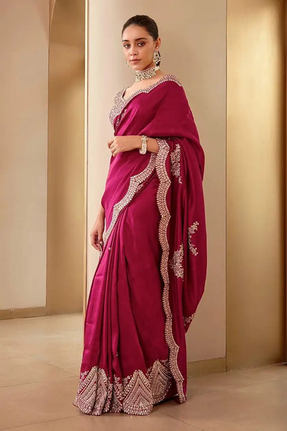 Stunning Magenta Silk Saree With Heavy Work On Blouse