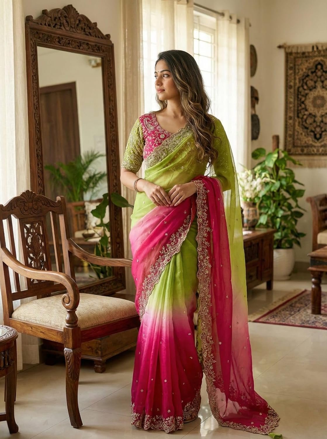 Trendy Soft Fendi Satin Saree With Beautiful Sequins Embroidery