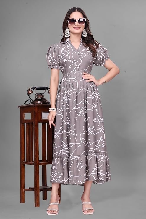 Classy Long Gown With Puffy Sleeves &amp; Printed Work