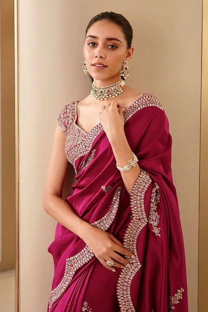 Stunning Magenta Silk Saree With Heavy Work On Blouse