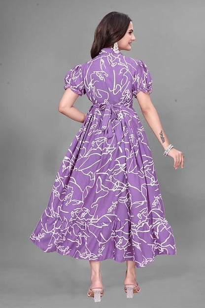 Purple Rayon Long Gown With Puffy Sleeves &amp; Printed Work