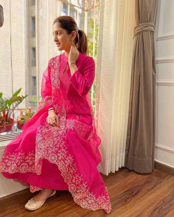 Gorgeous Pink Cotton Silk Kurti Suit Set With Organza Dupatta