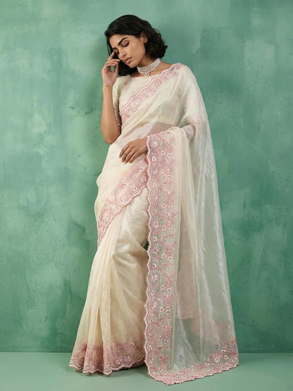 Trendy Pure Chanda Silk Saree With Flower Embroidery Work
