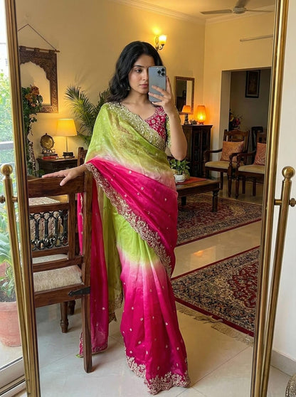 Trendy Soft Fendi Satin Saree With Beautiful Sequins Embroidery