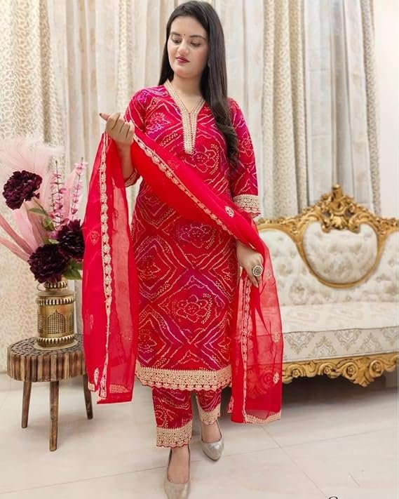 Classy Red Bandhani Cotton Suit Set With Embroidery Work