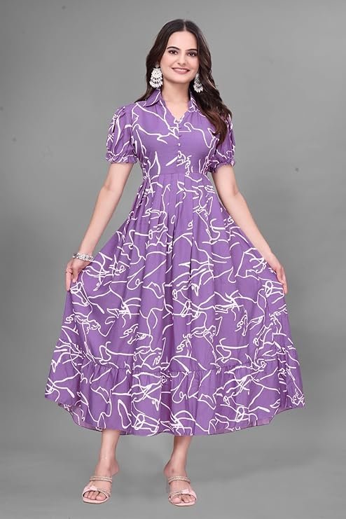 Purple Rayon Long Gown With Puffy Sleeves &amp; Printed Work