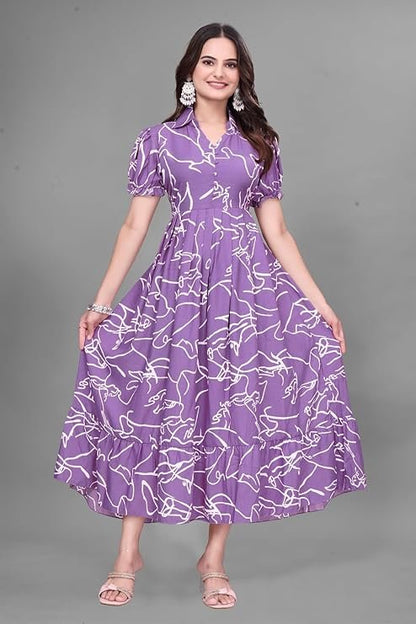 Purple Rayon Long Gown With Puffy Sleeves &amp; Printed Work