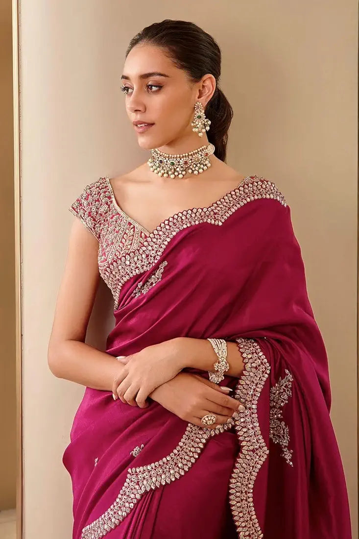 Stunning Magenta Silk Saree With Heavy Work On Blouse