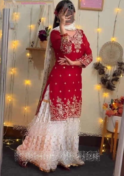Red Sharara Set with White Palazzo & Net Dupatta For Festive Wear