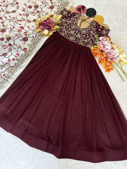 Soft Georgette Silk Embroidery Gown With Printed Lace Work On Dupatta