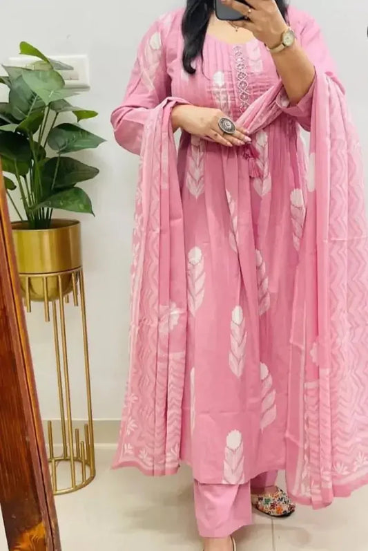 Pink Cotton Kurti Suit With Hand Work