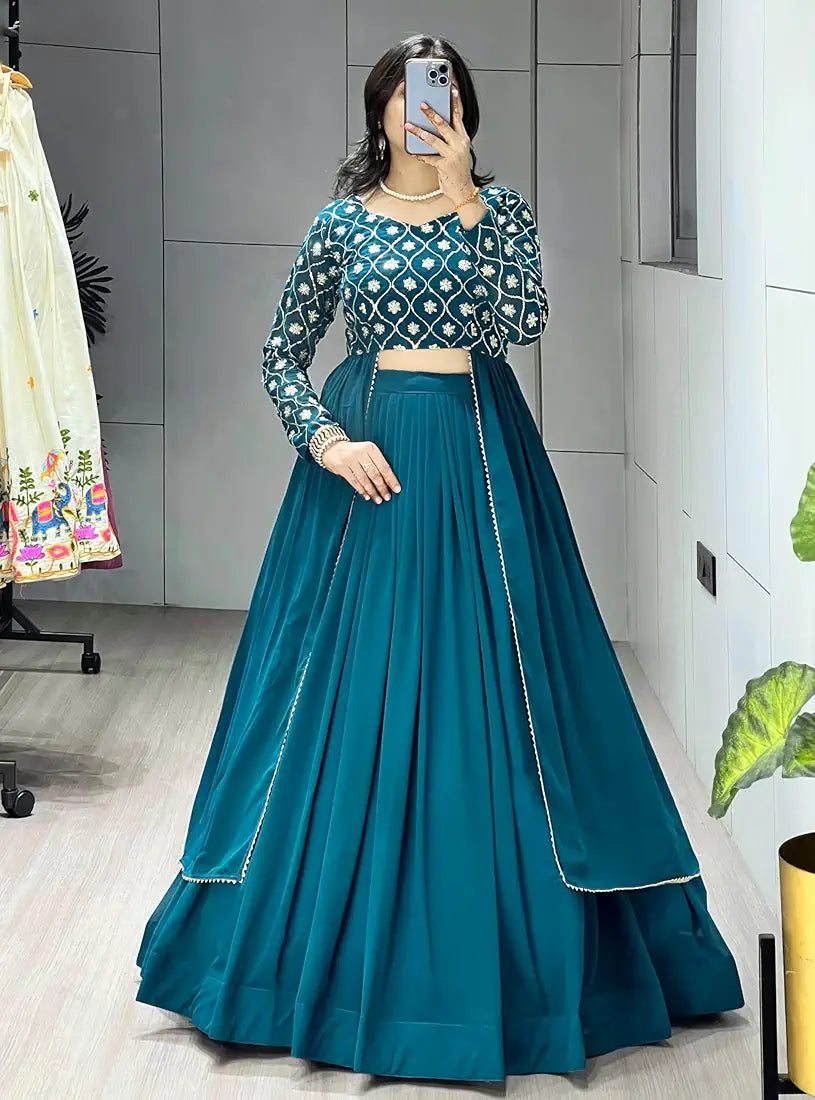 Gorgeous Teal Blue Georgette Lehenga Choli With Embroidery Work