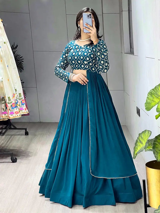 Gorgeous Teal Blue Georgette Lehenga Choli With Embroidery Work