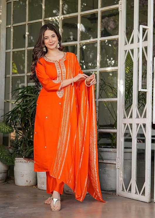 Gorgeous Orange Viscose Chanderi Kurti Suit With Sequins Work