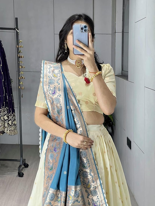 Premium Creamy Paithani Silk Lehenga Choli With Zari Border