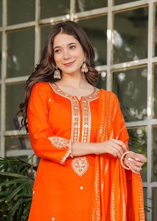 Gorgeous Orange Viscose Chanderi Kurti Suit With Sequins Work