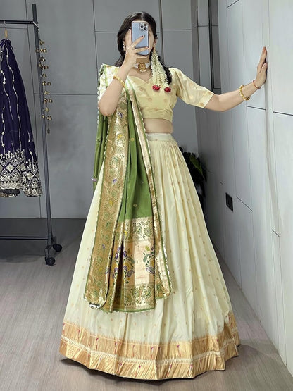Classy Creamy Paithani Silk Lehenga Choli With Zari Weaving