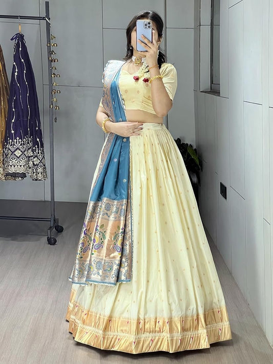 Premium Creamy Paithani Silk Lehenga Choli With Zari Border
