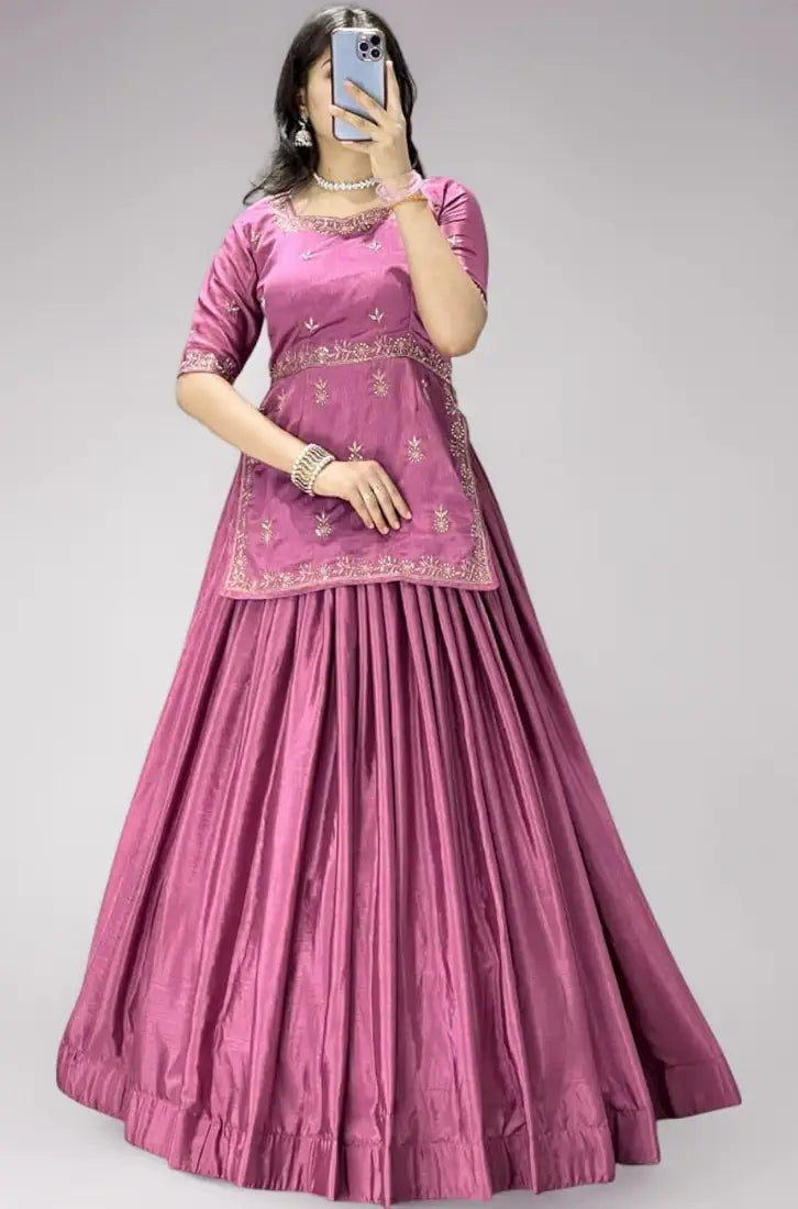 Latest Pink Chinon Lehenga Choli With Embroidery Work