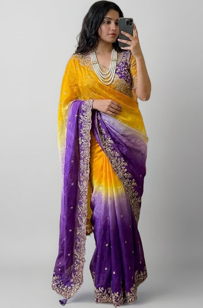 Trendy Soft Fendi Satin Saree With Beautiful Sequins Embroidery