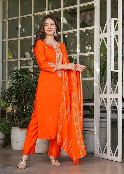 Gorgeous Orange Viscose Chanderi Kurti Suit With Sequins Work