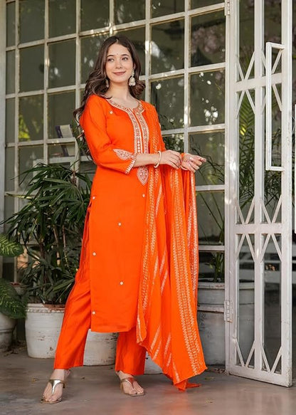 Gorgeous Orange Viscose Chanderi Kurti Suit With Sequins Work
