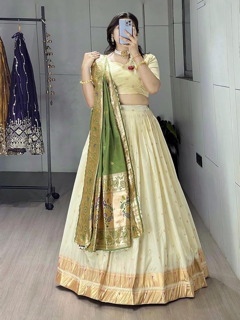 Classy Creamy Paithani Silk Lehenga Choli With Zari Weaving