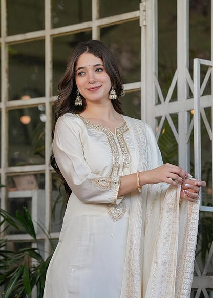 Off-White Viscose Chanderi Kurti Suit With Sequins Work