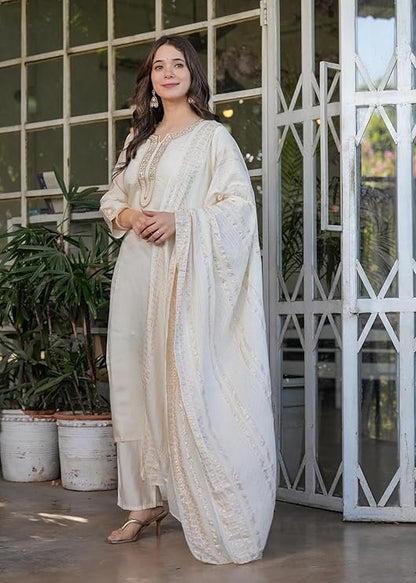 Off-White Viscose Chanderi Kurti Suit With Sequins Work