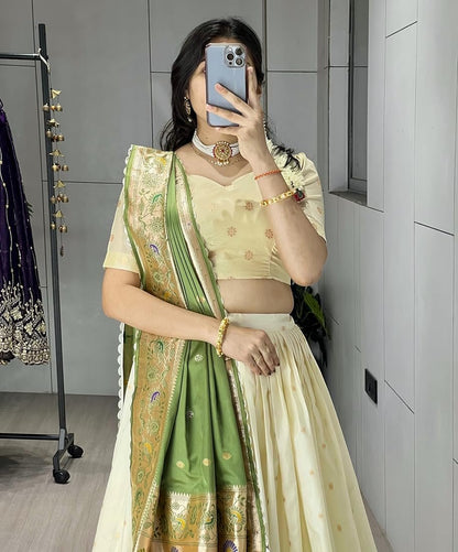 Classy Creamy Paithani Silk Lehenga Choli With Zari Weaving
