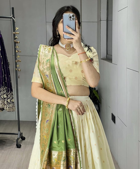 Classy Creamy Paithani Silk Lehenga Choli With Zari Weaving