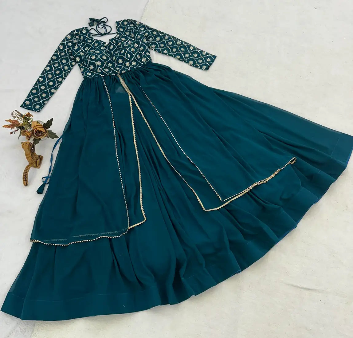 Gorgeous Teal Blue Georgette Lehenga Choli With Embroidery Work